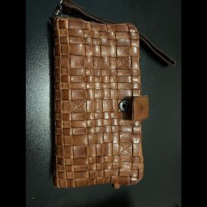 Woven leather cell phone wallet.